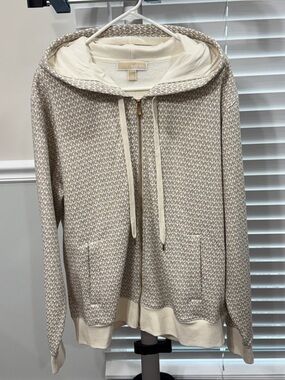 Michael Kors Cream and Beige MK Logo Zip Hoodie.